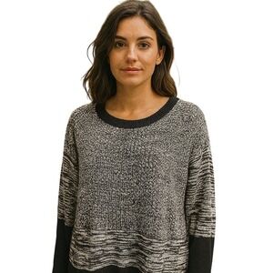 DKNY Black White Knit Chainlink Sweater Scoop Neck Cotton Winter size L Nwt